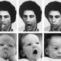 Mirror neurons in action: Man opens mouth - baby open mouth / man sticks out tongue - baby stcks out tongue / man puckers lips - baby puckers lips; no intentional imitation is occurring